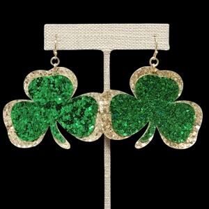 St Patricks Day Earrings 3 Leaf Clover Green Gold Glitter Dangle Sparkly Holiday